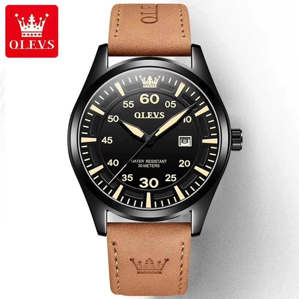 OLEVS 9962 Top Quartz Watch Men Genuine Leather Strap Waterproof Luminous Calendar Men's Watches Casual Sports Man Wristwatch
