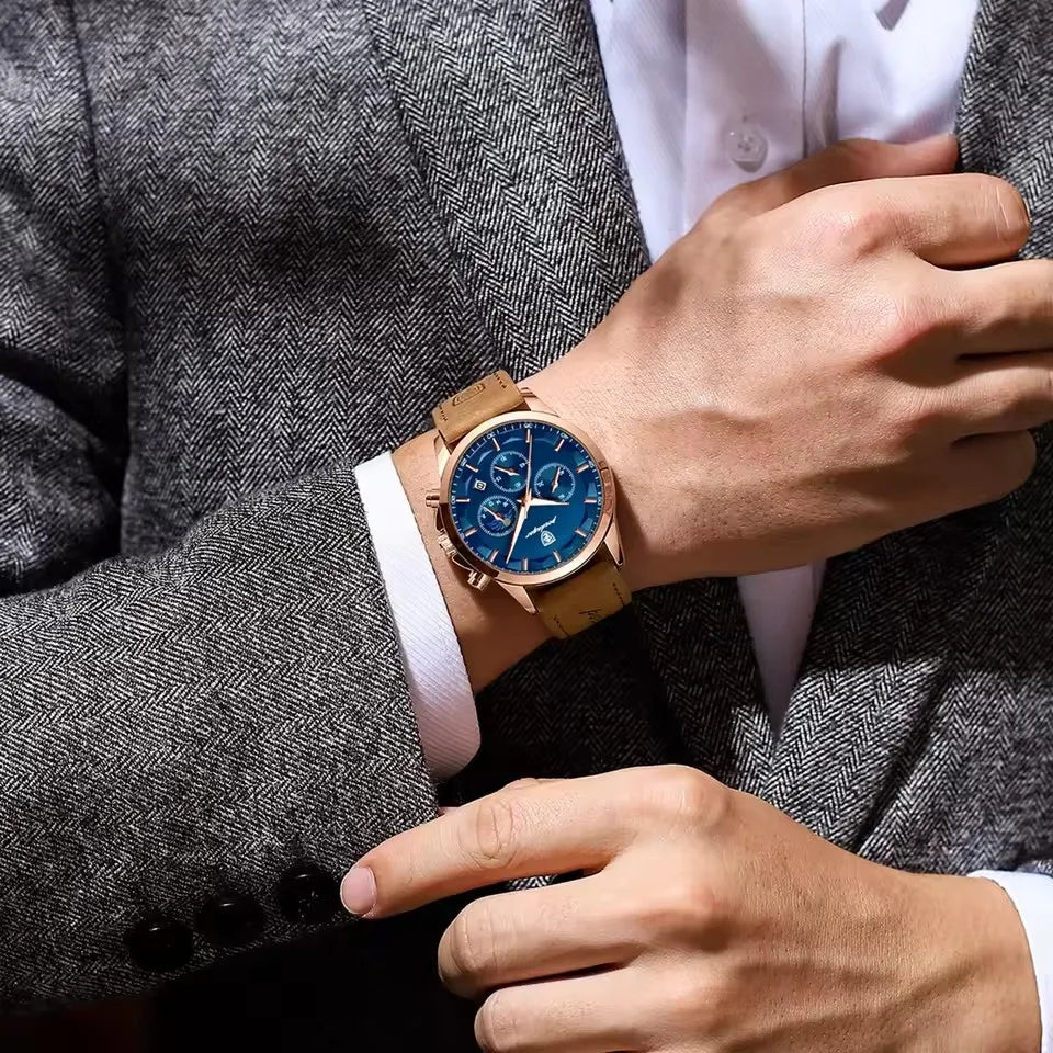 POEDAGAR 928 Men Multifunction Waterproof Watch Chronograph Stainless Steel Case Leather Strap Man Business Sport Quartz Watches