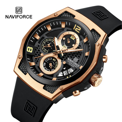 NAVIFORCE Men Sport Watch Fashion Chronograph Silicone Strap Waterproof Calendar Mens Luxury Black Gold Quartz Watches 8051
