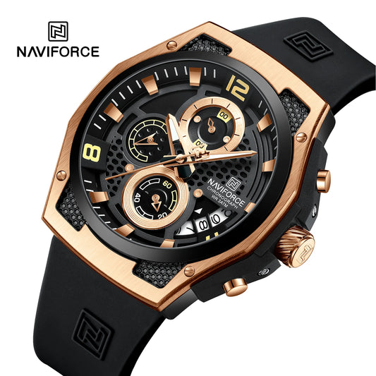 NAVIFORCE Men Sport Watch Fashion Chronograph Silicone Strap Waterproof Calendar Mens Luxury Black Gold Quartz Watches 8051