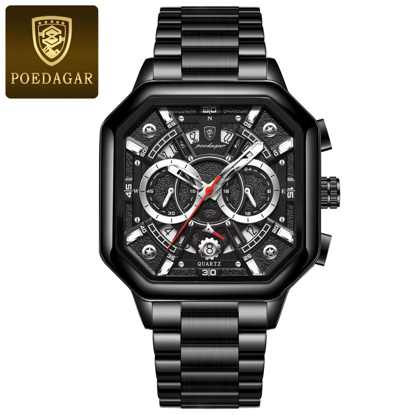 POEDAGAR 983 Men Square Waterproof Luminous Hands Watch Luxury Chronograph Sports Quartz Reloj Hombre Men's Stainless Watches