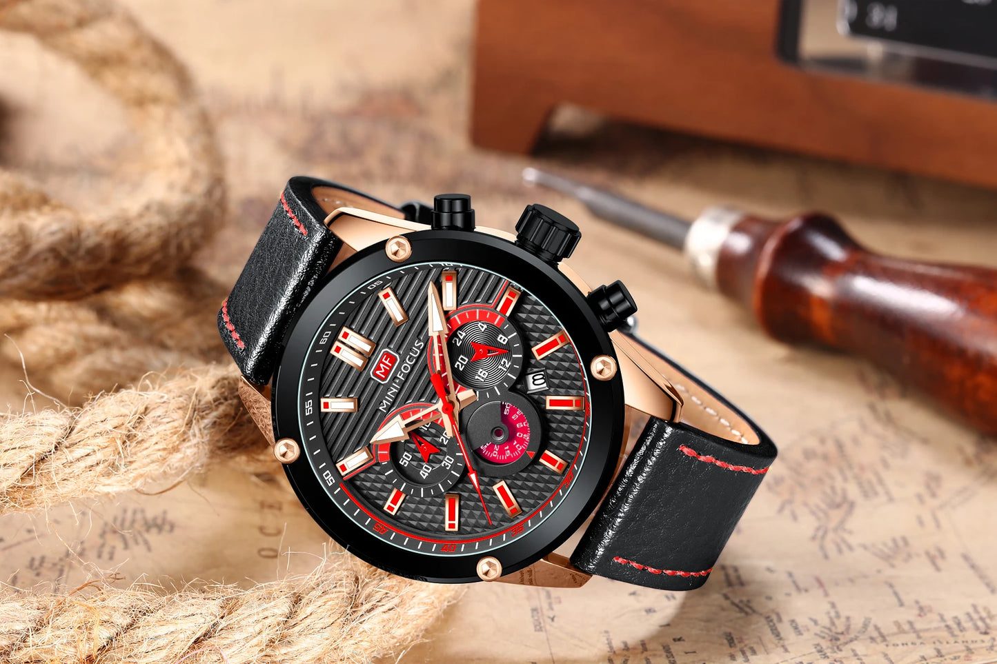 High End MINI FOCUS MF0288G Luxury Wrist Watches Leather Strap Waterproof Calendar Men Casual Quartz Watch Reloj Hombre
