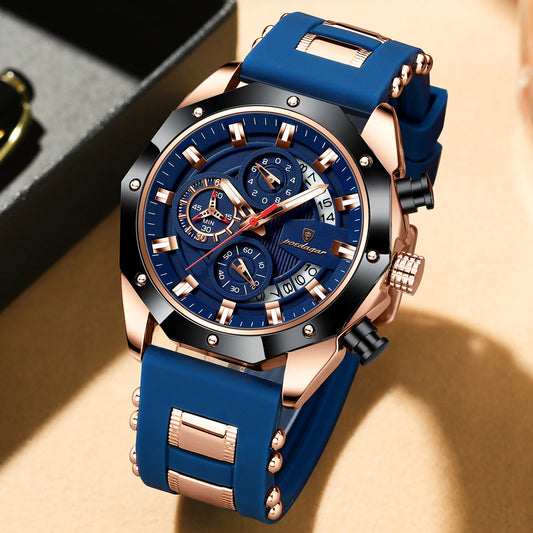 POEDAGAR 913 Fashion Luminous Hands Male Wristwatches Luxury Small Three Dial Sport Chronograph Calendar Silicone Strap Watches