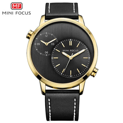 MINI FOCUS Fashion Genuine Leather Business 2 Time Zone Quartz-Watch Men Wristwatch Men Watches Fashion Casual Man Watch 0035G
