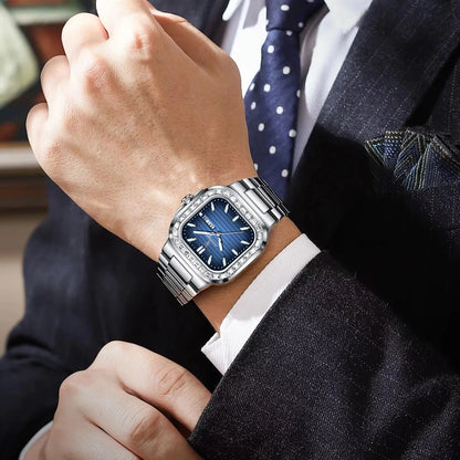 POEDAGAR Men Watch 975 Waterproof Luminous Date Sport Man Wristwatch Silver Blue Stainless Steel Diamond Quartz Men's Watches