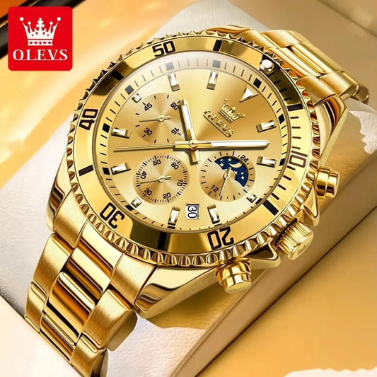OLEVS 2870 Men's Watches Golden Stainless Steel Calendar Moon Phase Chronograph 42.5mm Big Dial Men's Wristwatches