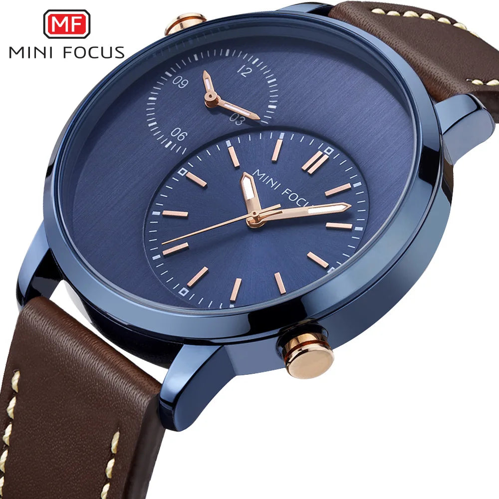 MINI FOCUS Fashion Genuine Leather Business 2 Time Zone Quartz-Watch Men Wristwatch Men Watches Fashion Casual Man Watch 0035G