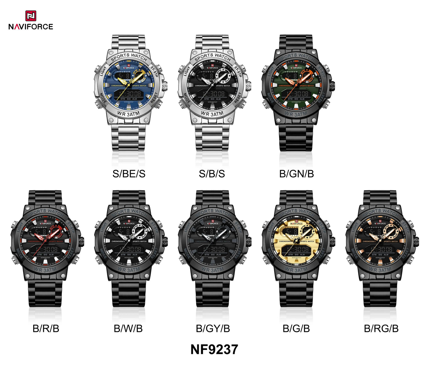 NAVIFROCE 9237 Stainless Steel Watch for Men Multi-funciton Double Display Chronograph Silver Blue Quartz Watches Waterproof