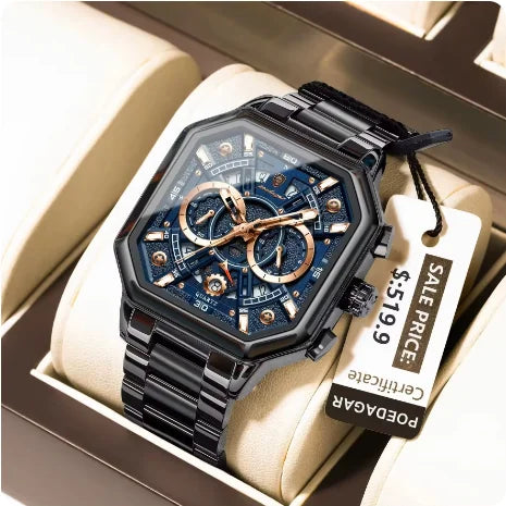 POEDAGAR 983 Men Square Waterproof Luminous Hands Watch Luxury Chronograph Sports Quartz Reloj Hombre Men's Stainless Watches