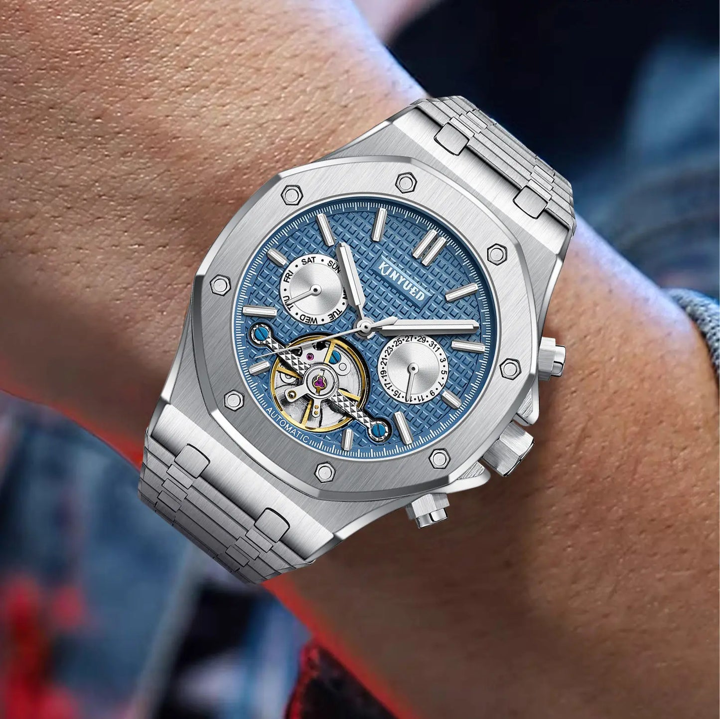 Custom Logo  J121 Business Stainless Steel Strap Watches Male Fashion Tourbillon Hollow Out Automatic Mechanical