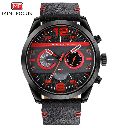 MINI FOCUS 0068G Men's Quartz Watches Leisure Waterproof Sport Chronograph Black Blue Leather Strap Wrist Watch for Male Clock