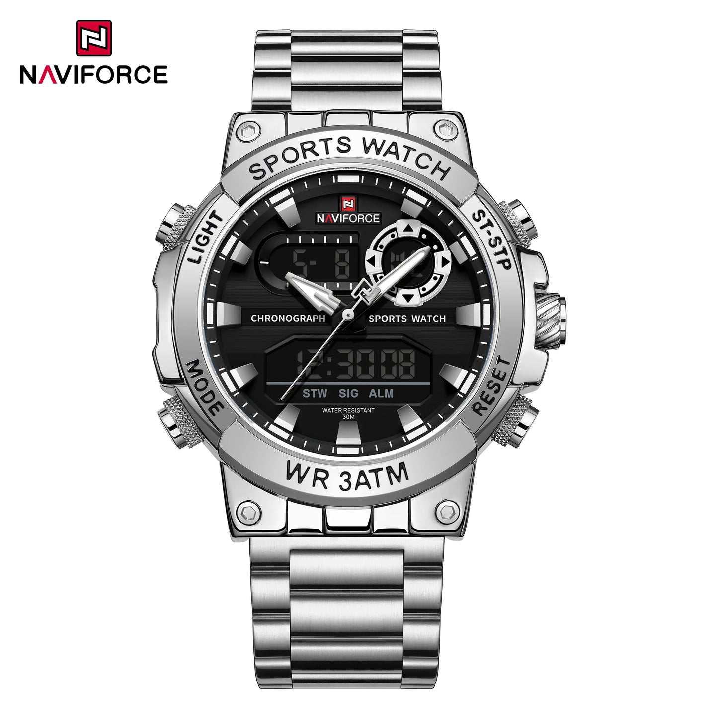 NAVIFROCE 9237 Stainless Steel Watch for Men Multi-funciton Double Display Chronograph Silver Blue Quartz Watches Waterproof