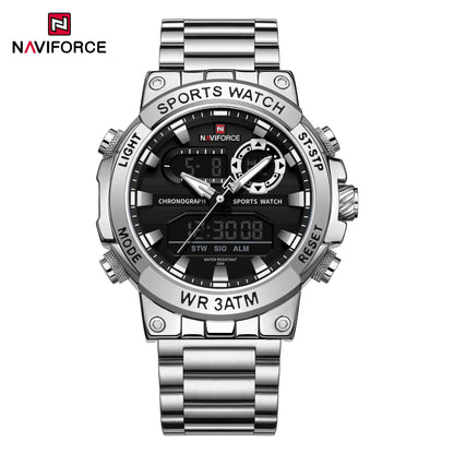 NAVIFROCE 9237 Stainless Steel Watch for Men Multi-funciton Double Display Chronograph Silver Blue Quartz Watches Waterproof