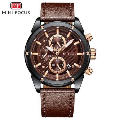 MINI FOCUS Quartz for Men Waterproof Sport Chronograph Wristwatch Blue Leather Strap Clock Fashion Mens Watches 0161G