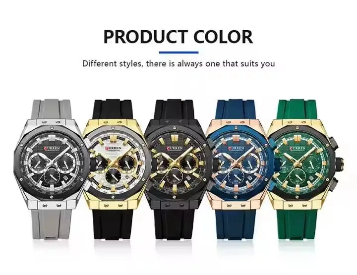 CURREN 8464 Watch for Men 2024 New Multifunctiton Chronograph Men Fashion Blue Silicone Strap Waterproof Calendar Quartz Watches