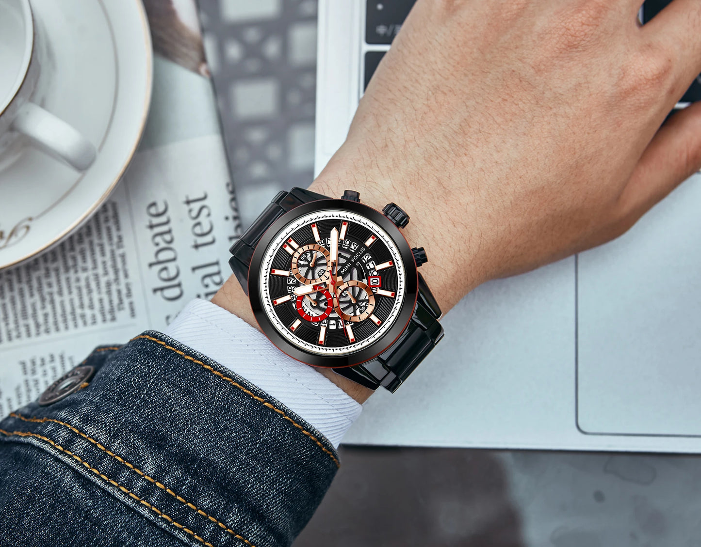 Montre Homme MINI FOCUS MF0285G Luxury Quartz Watch Sports Waterproof Calendar Silver Stainless Steel Band Men Wrist Watches