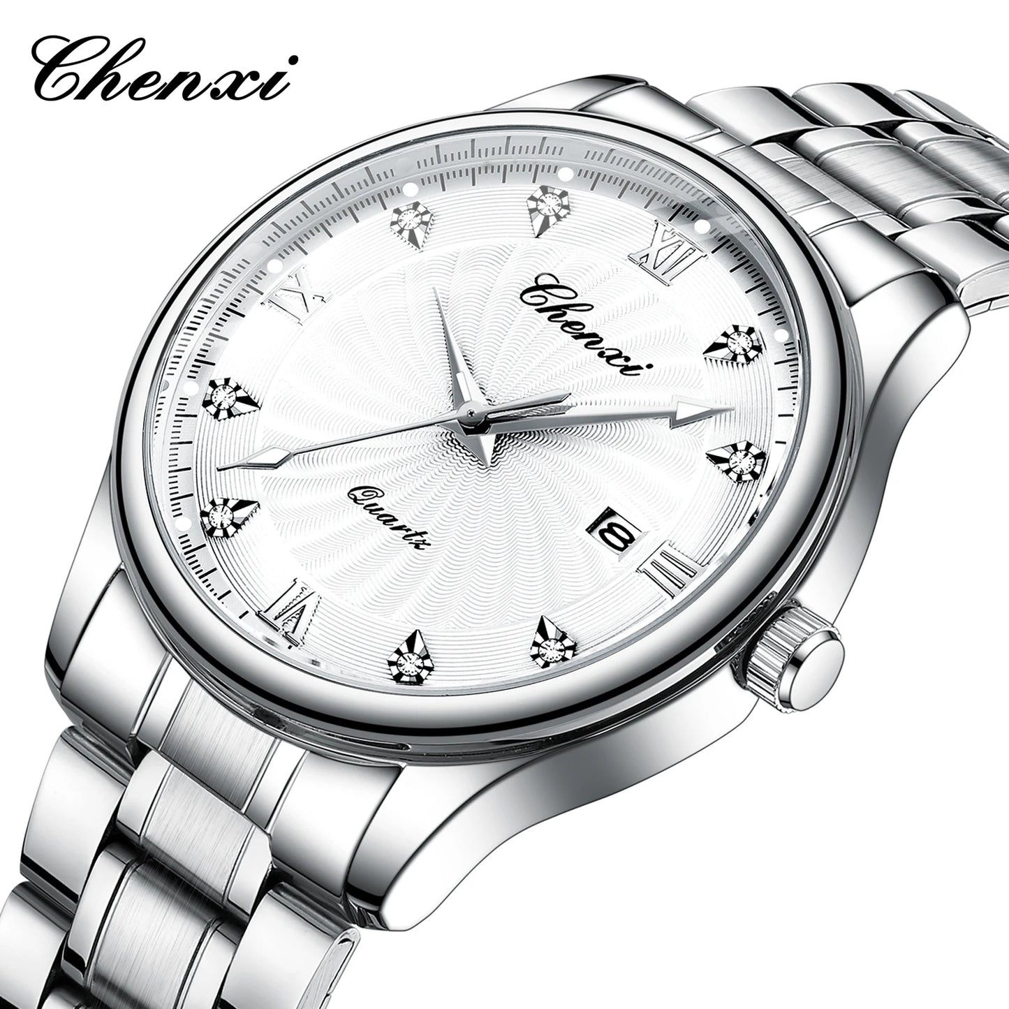 CHENXI 012 Diamond Watch for Men Stainless Steel Strap Man Sport Quartz Watches Fashion Silver White Bracelet Mens Wristwatches
