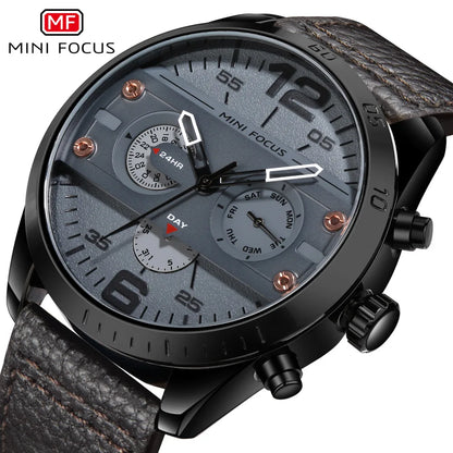 MINI FOCUS 0068G Men's Quartz Watches Leisure Waterproof Sport Chronograph Black Blue Leather Strap Wrist Watch for Male Clock