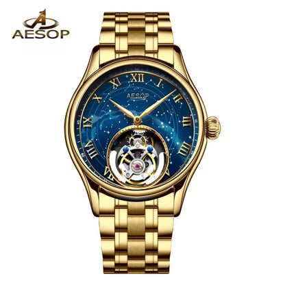 AESOP Starry Sky Tourbillon Watch for Men Fashion Stainless Steel Waterproof Men's Mechanical Watches with Steel Strip