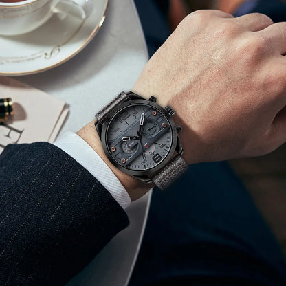 MINI FOCUS 0068G Men's Quartz Watches Leisure Waterproof Sport Chronograph Black Blue Leather Strap Wrist Watch for Male Clock