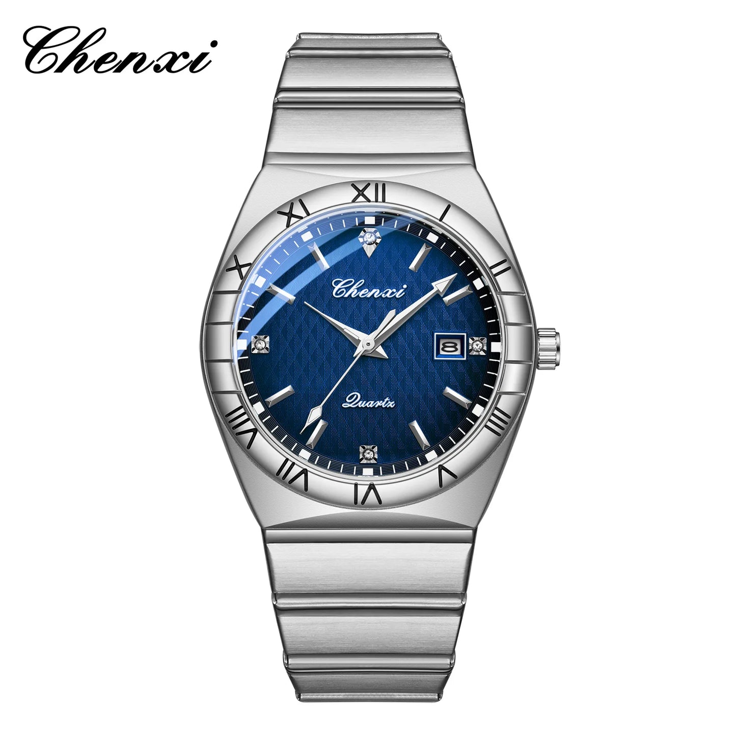 CHENXI 6402 Silver Blue Watch for Men New Mens Wristwatch 40mm Stainless Steel Quartz Watches Business Casual Bracelet Man Gift
