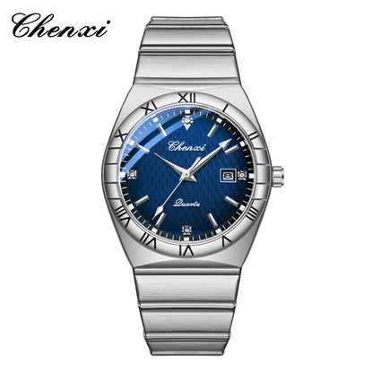 CHENXI 6402 Silver Blue Watch for Men New Mens Wristwatch 40mm Stainless Steel Quartz Watches Business Casual Bracelet Man Gift