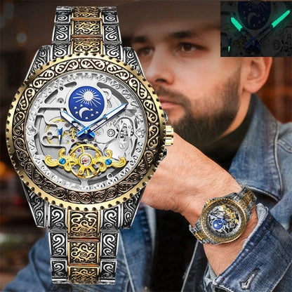 Hot Sale Vintage Engraved Skeleton Tourbillon Mechanical Men's Watches Luxury Moon Phase Clock Wholesale Watches