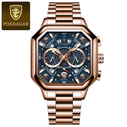 POEDAGAR 983 Men Square Waterproof Luminous Hands Watch Luxury Chronograph Sports Quartz Reloj Hombre Men's Stainless Watches
