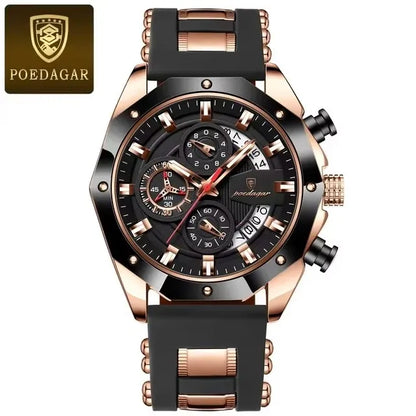 POEDAGAR 913 Fashion Luminous Hands Male Wristwatches Luxury Small Three Dial Sport Chronograph Calendar Silicone Strap Watches