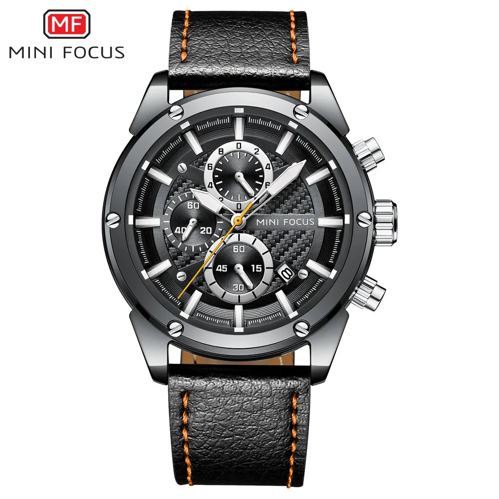 MINI FOCUS Quartz for Men Waterproof Sport Chronograph Wristwatch Blue Leather Strap Clock Fashion Mens Watches 0161G