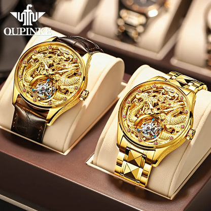 OUPINKE 3176 New Luxury Automatic Mesh Belt Mechanical Watches Waterproof Luminous Hollow Tourbillon Stainless Steel Strap Watch
