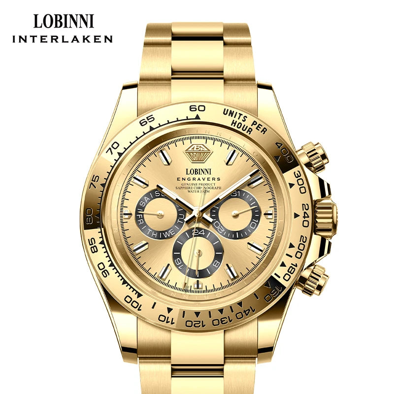LOBINNI Luxury Brand Stainless Steel Fully Automatic Mechanical Watch Gold Color Men Watches