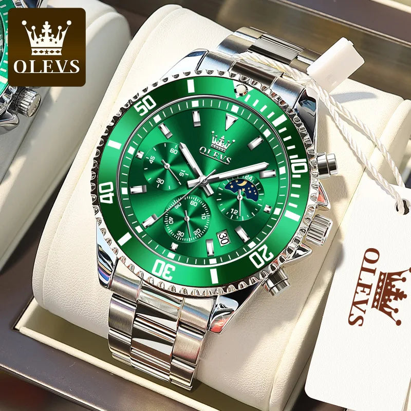 OLEVS 2870 Men's Watches Golden Stainless Steel Calendar Moon Phase Chronograph 42.5mm Big Dial Men's Wristwatches