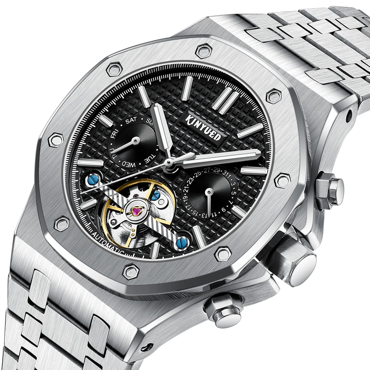 Custom Logo  J121 Business Stainless Steel Strap Watches Male Fashion Tourbillon Hollow Out Automatic Mechanical