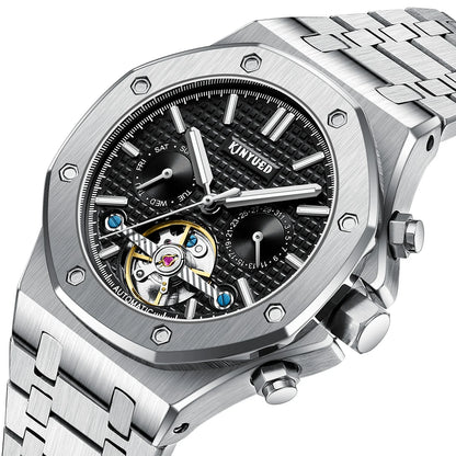 Custom Logo  J121 Business Stainless Steel Strap Watches Male Fashion Tourbillon Hollow Out Automatic Mechanical