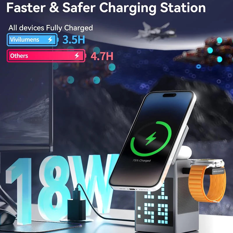 New 3 in 1 Magnetic Wireless Charging Station With Bluetooth Speaker Alarm Clock RGB Pixel Display Fast Charging for iPhone