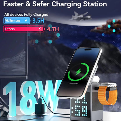 New 3 in 1 Magnetic Wireless Charging Station With Bluetooth Speaker Alarm Clock RGB Pixel Display Fast Charging for iPhone