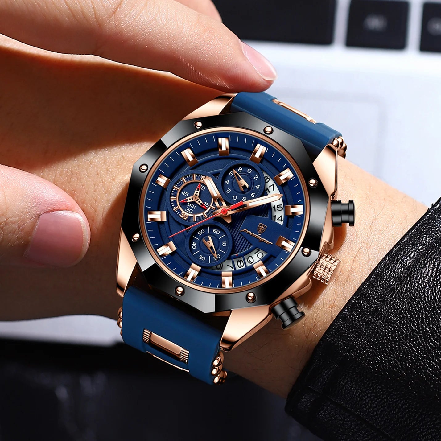 POEDAGAR 913 Fashion Luminous Hands Male Wristwatches Luxury Small Three Dial Sport Chronograph Calendar Silicone Strap Watches