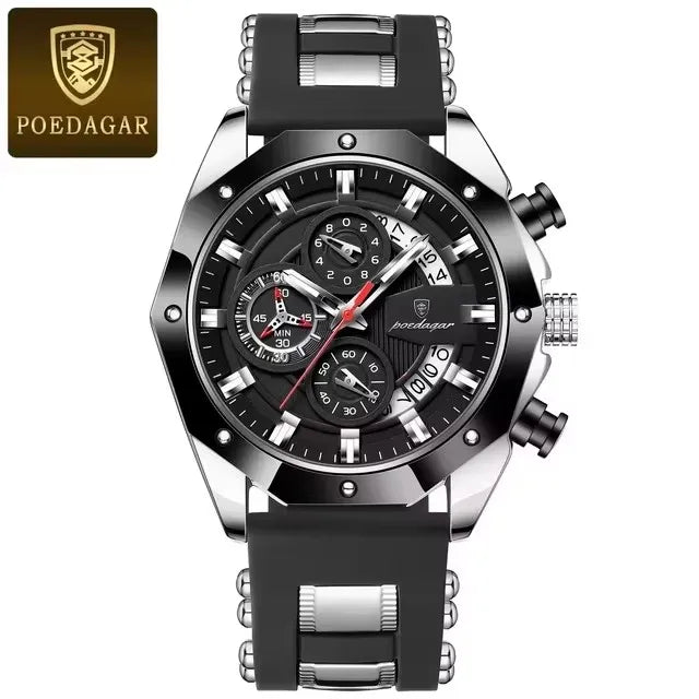 POEDAGAR 913 Fashion Luminous Hands Male Wristwatches Luxury Small Three Dial Sport Chronograph Calendar Silicone Strap Watches