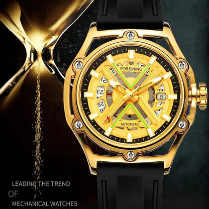 Forsining 8282 New Sports Gold Automatic Mens Watch Fashion Calendar Window Luminous Hands Rubber Luxury Mechanical Watches