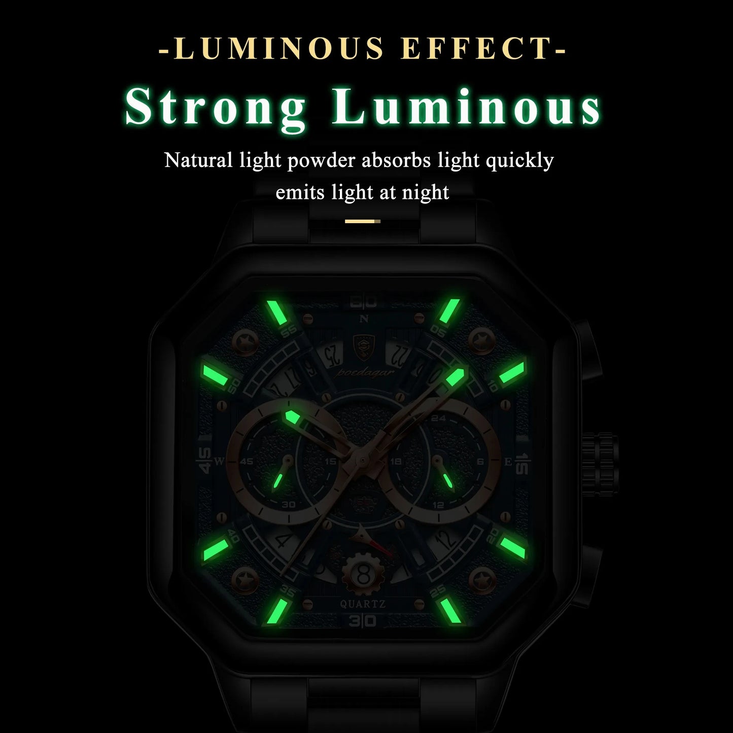 POEDAGAR 983 Men Square Waterproof Luminous Hands Watch Luxury Chronograph Sports Quartz Reloj Hombre Men's Stainless Watches