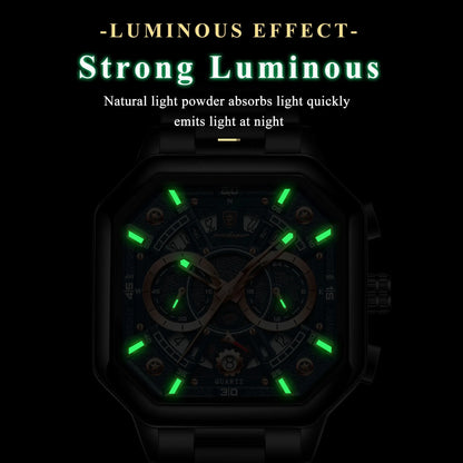 POEDAGAR 983 Men Square Waterproof Luminous Hands Watch Luxury Chronograph Sports Quartz Reloj Hombre Men's Stainless Watches
