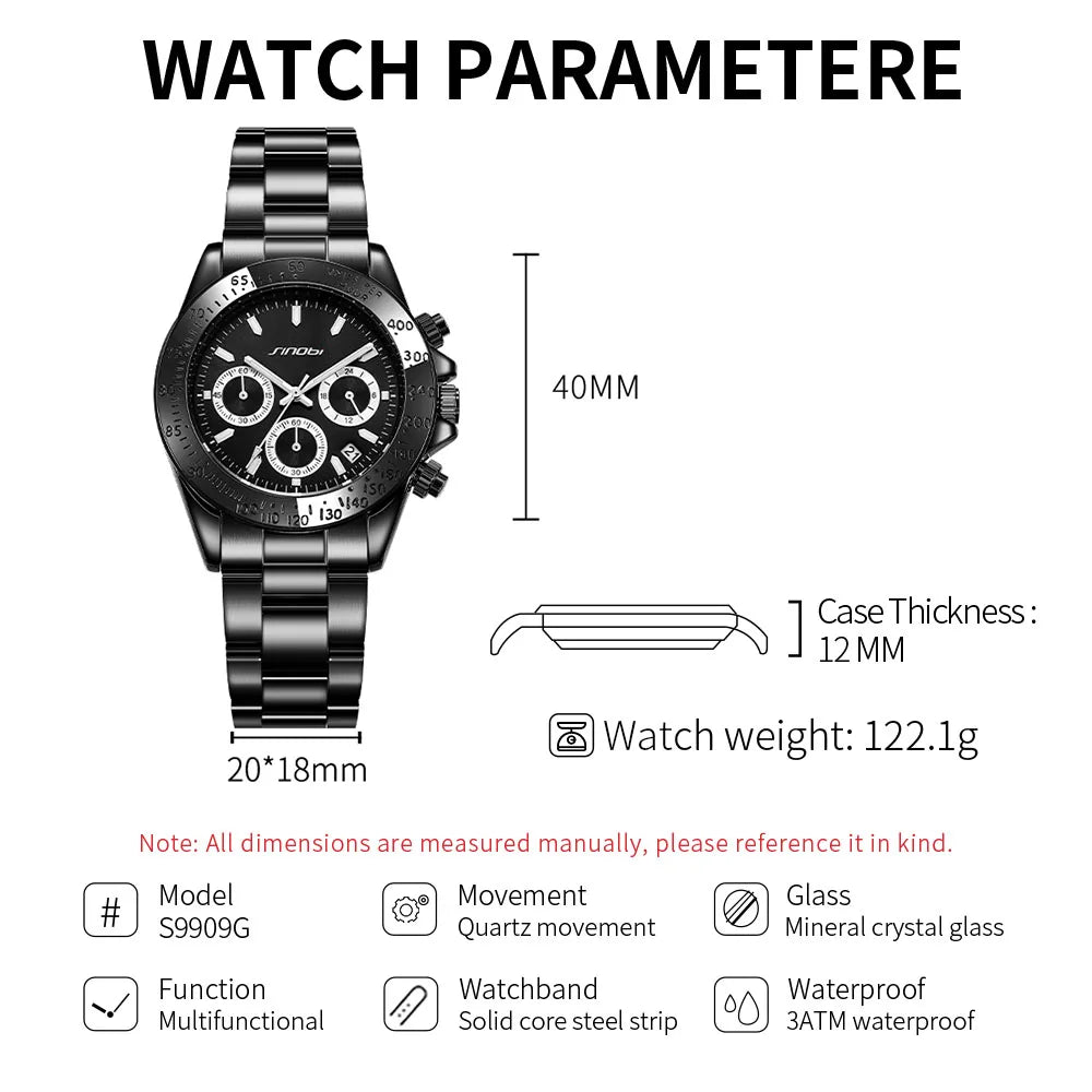 Sinobi Branded Watches for Men Quartz Wristwatch with Calendar Function
