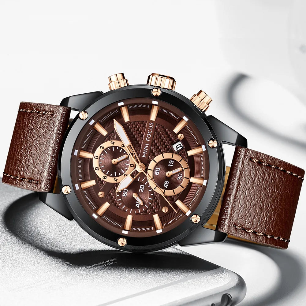 MINI FOCUS Quartz for Men Waterproof Sport Chronograph Wristwatch Blue Leather Strap Clock Fashion Mens Watches 0161G