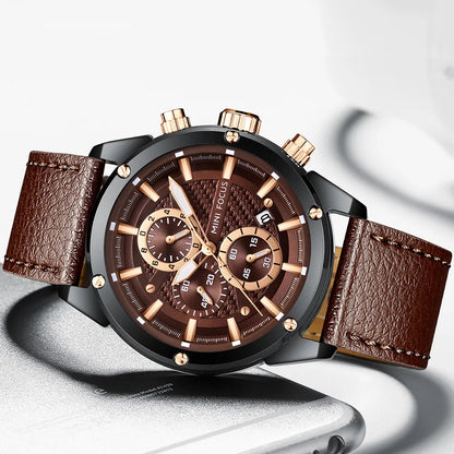 MINI FOCUS Quartz for Men Waterproof Sport Chronograph Wristwatch Blue Leather Strap Clock Fashion Mens Watches 0161G