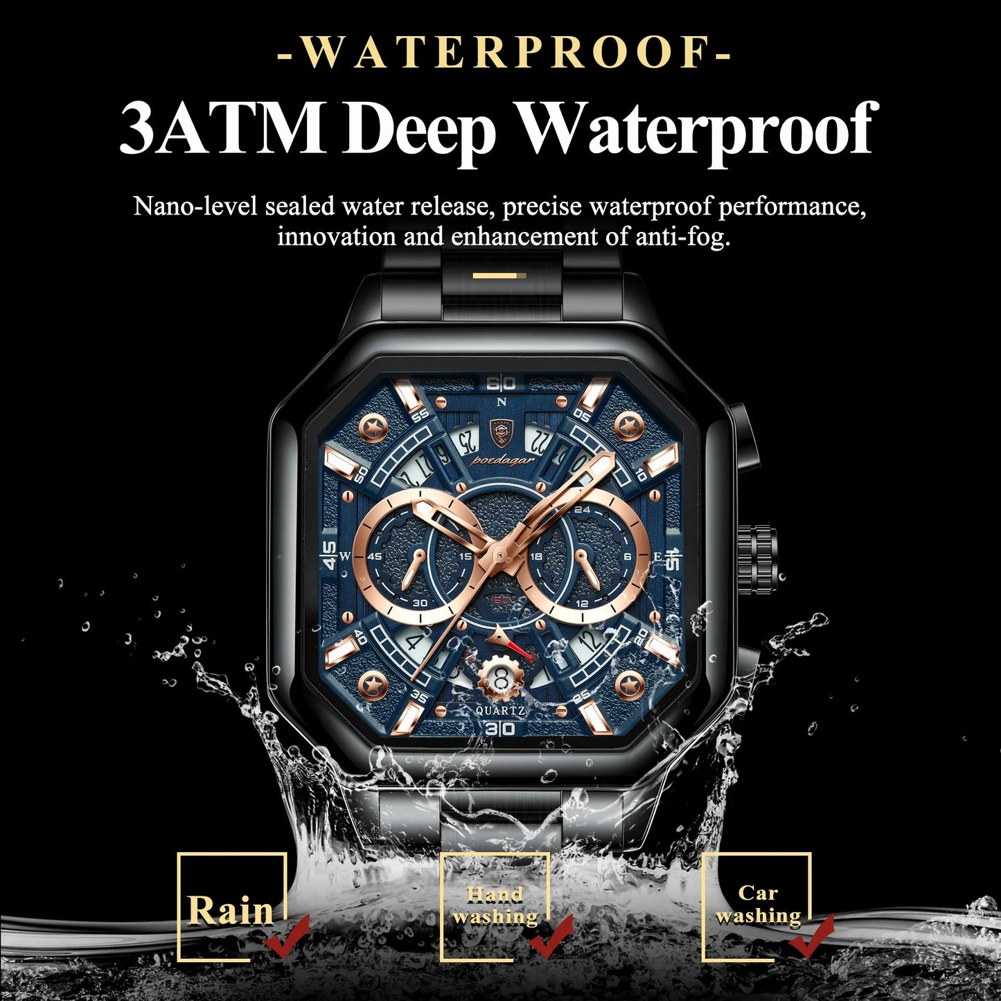 POEDAGAR 983 Men Square Waterproof Luminous Hands Watch Luxury Chronograph Sports Quartz Reloj Hombre Men's Stainless Watches