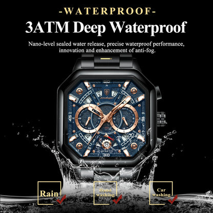 POEDAGAR 983 Men Square Waterproof Luminous Hands Watch Luxury Chronograph Sports Quartz Reloj Hombre Men's Stainless Watches