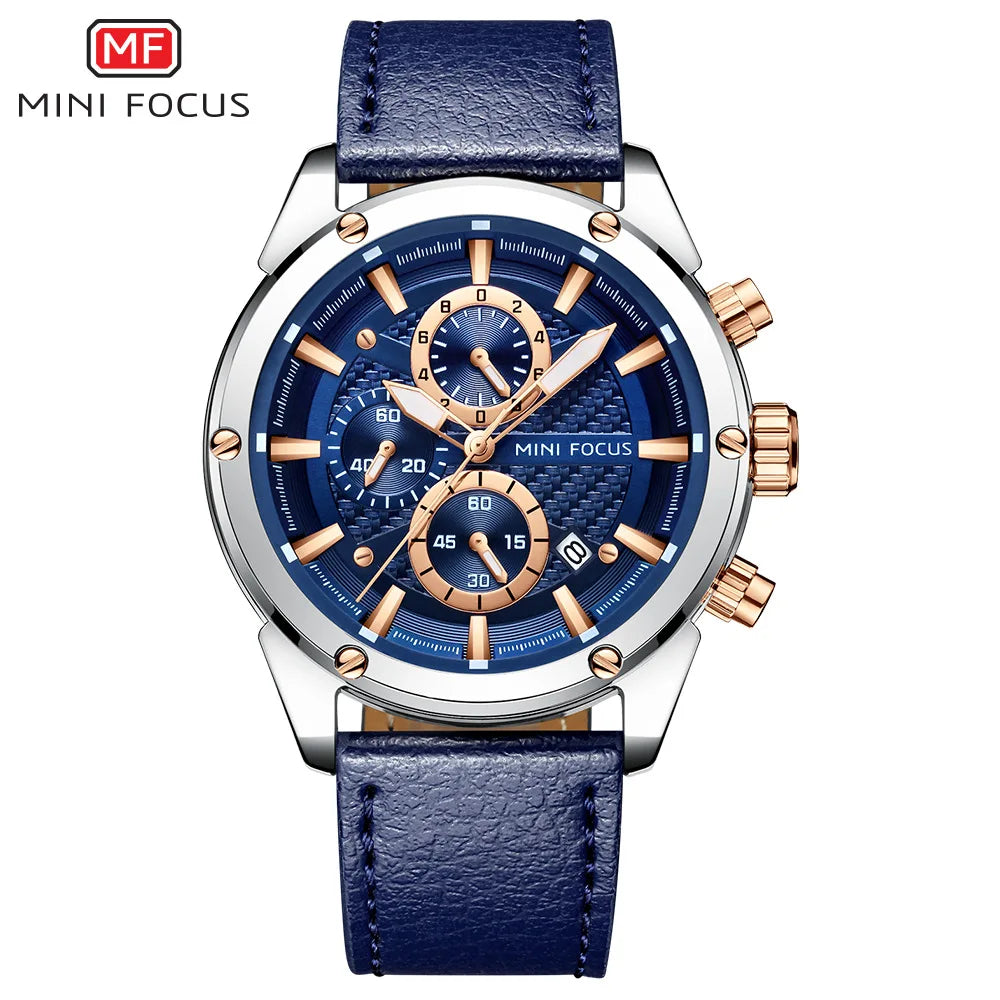 MINI FOCUS Quartz for Men Waterproof Sport Chronograph Wristwatch Blue Leather Strap Clock Fashion Mens Watches 0161G