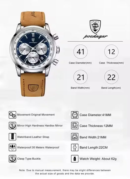 POEDAGAR 921 New Luxury Man Watch High Quality Waterproof Chronograph Luminous Men's Leather Quartz Watches Casual Clock