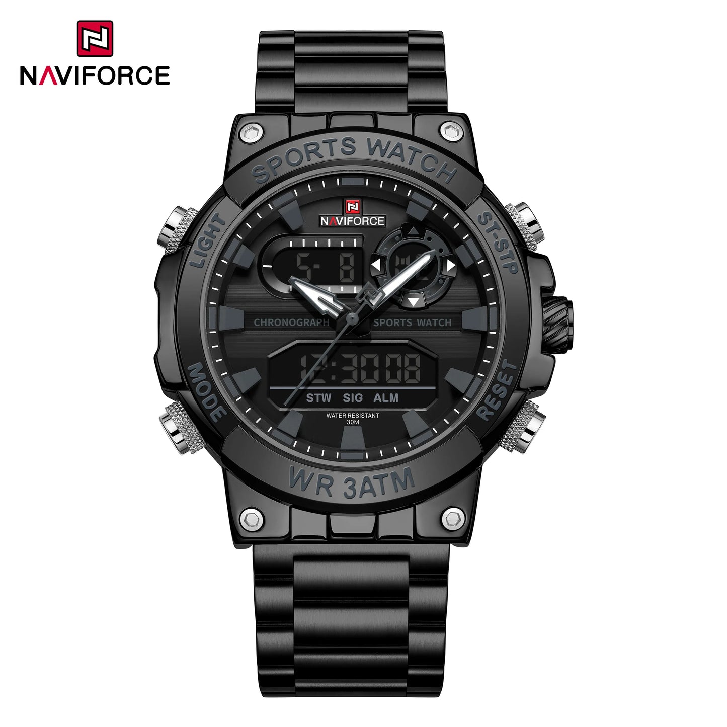 NAVIFROCE 9237 Stainless Steel Watch for Men Multi-funciton Double Display Chronograph Silver Blue Quartz Watches Waterproof